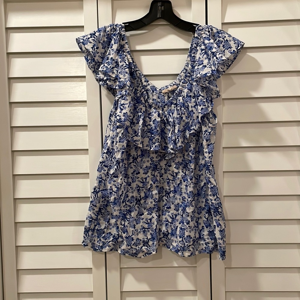 Rebecca Taylor Cotton Blue White ruffle shirt
